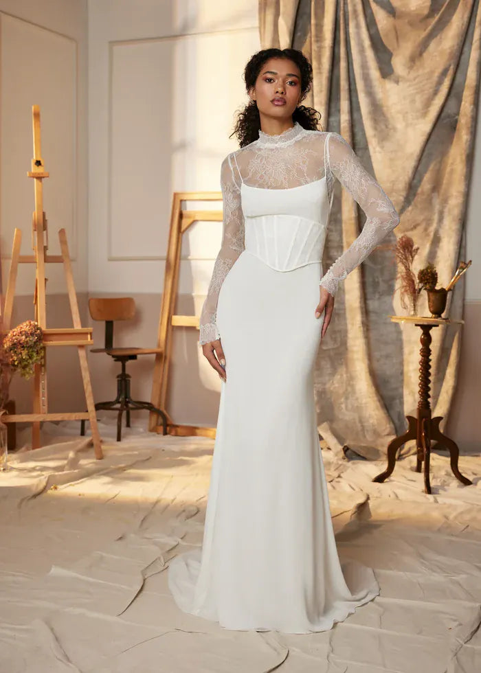 full front of ines di santo elixia satin sheath wedding dress with a matching corset and lace topper