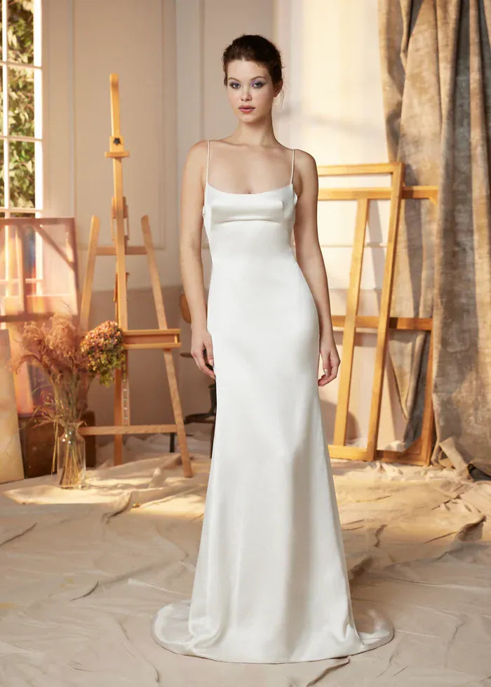 full front of ines di santo elixia satin sheath wedding dress with a matching corset and lace topper, shown without the topper and corset
