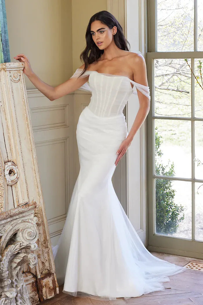 full front of ines di santo orla ivory mesh fitted wedding dress with a bustier top