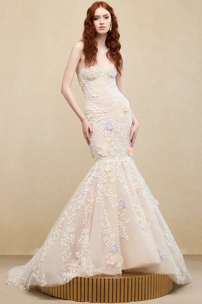 front of ines di santo tango champagne tulle fit and flare wedding dress with multi colored floral lace accents throughout