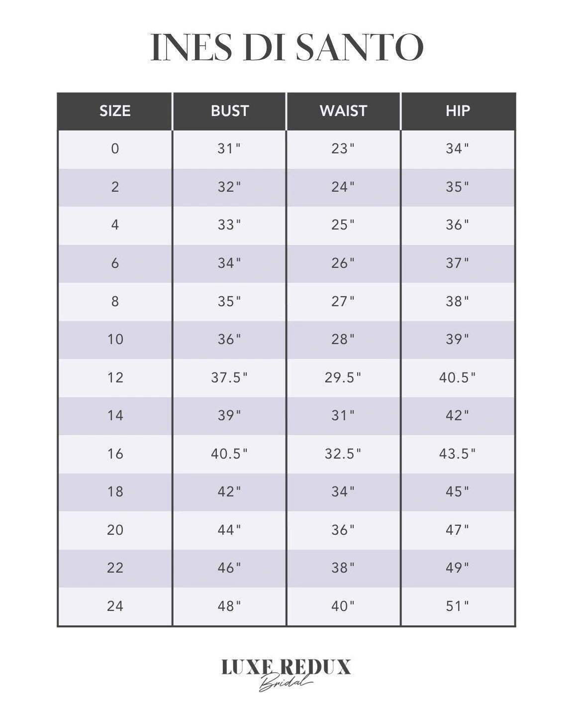 Ines Di Santo Iris - Size 12 Size Chart