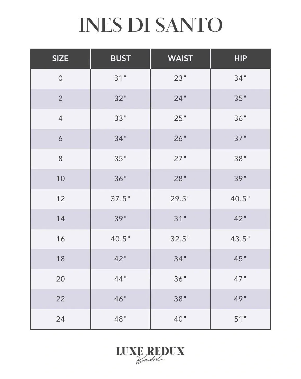 Ines Di Santo Soledad - Size 10 Size Chart