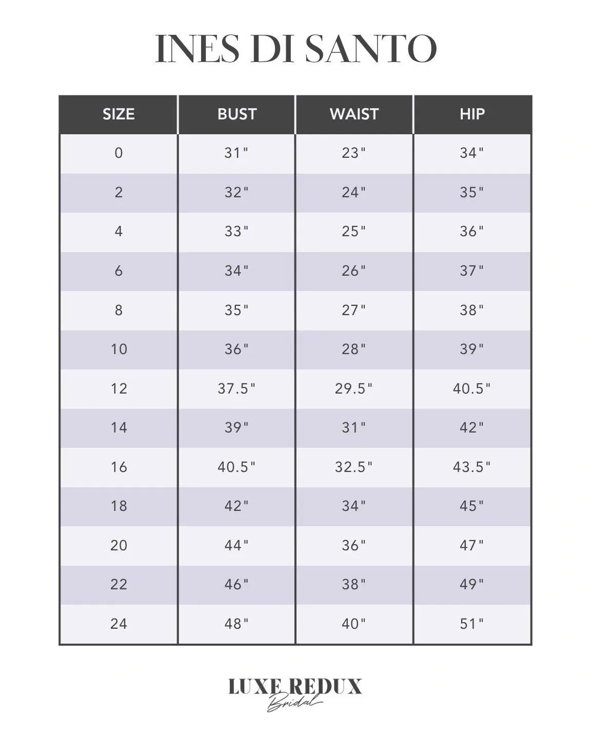 Ines Di Santo Tango - Size 12 Size Chart