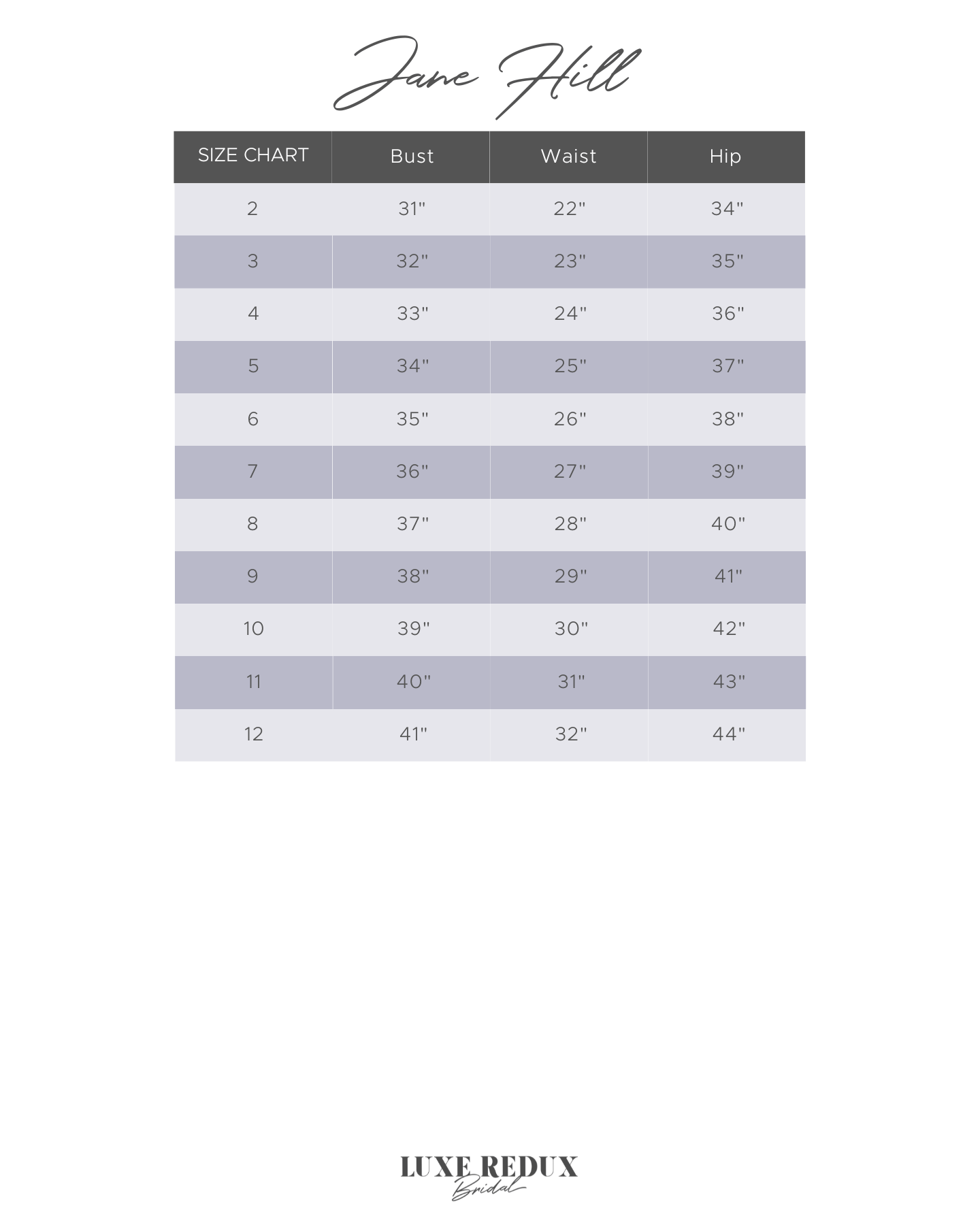 Jane Hill Blair - Size 14 Size Chart