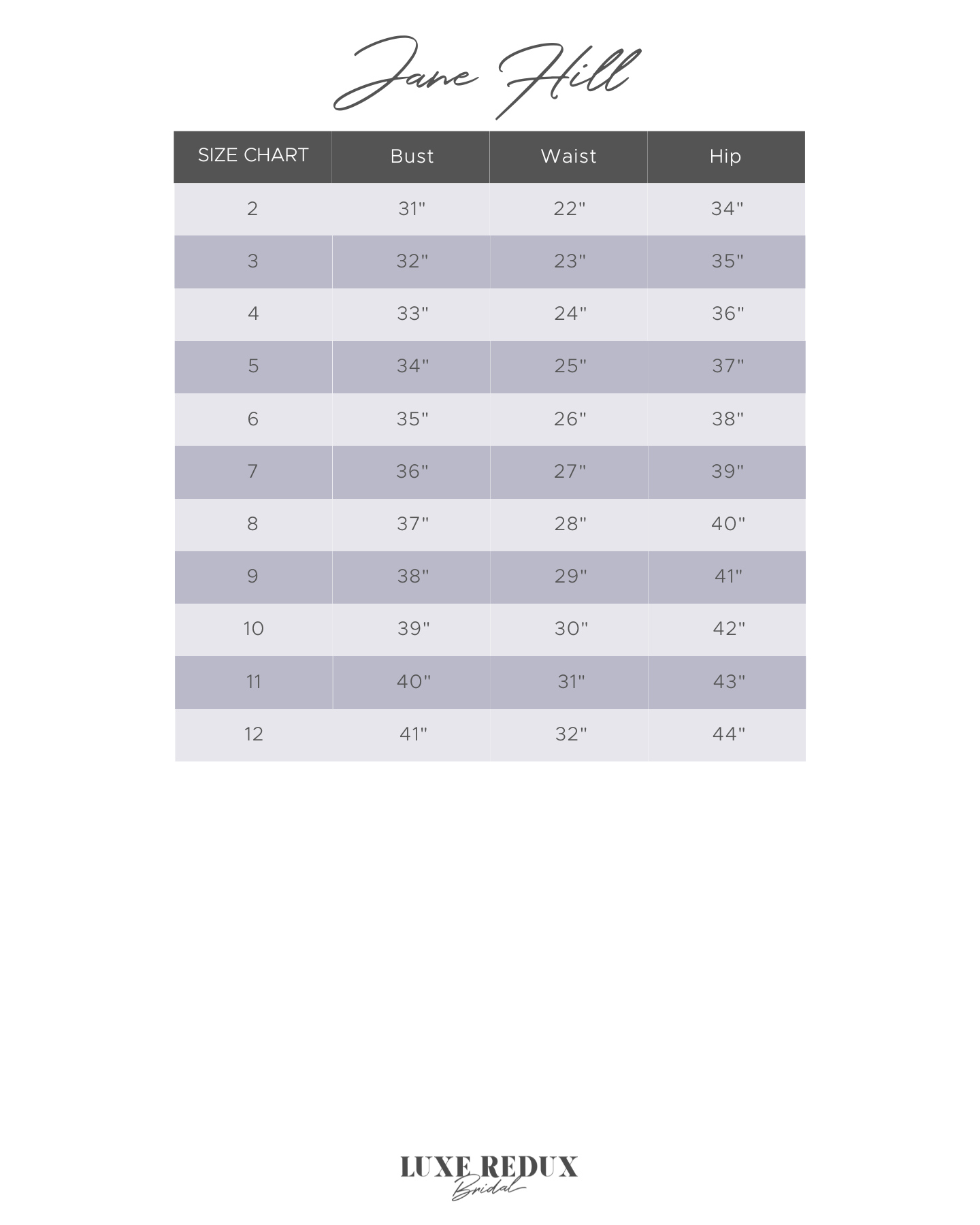 Jane Hill Haven - Size 14 Size Chart