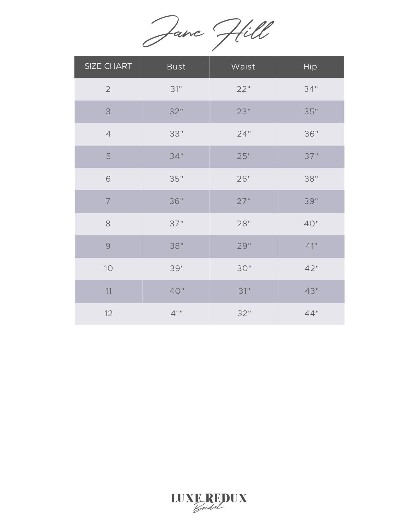 Jane Hill Winslow - Size 8 Size Chart