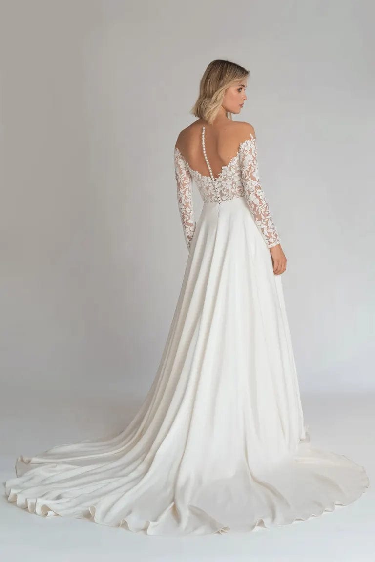 back of jenny yoo bradley ivory mikado a-line wedding dress, showing the sheer back and chapel length train