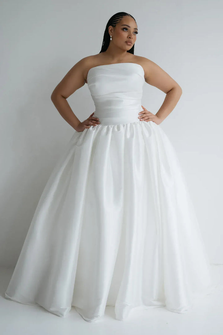 full front of jenny yoo charlotte ivory taffeta ball gown wedding dress with a drop waist and strapless bodice