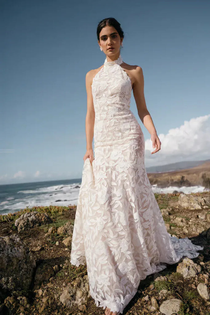 Jenny Yoo Garland Wedding Dress – Lace Fit and Flare Bridal Gown with Halter Neckline and Oversized Florals – Size 10 – Luxe Redux Bridal