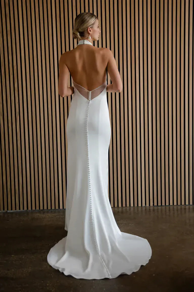 Jenny by Jenny Yoo Harlyn Wedding Dress Satin Sheath Bridal Gown with Halter Neckline and Slit in Skirt Size 8 Luxe Redux Bridal Jenny by Jenny Yoo Harlyn Wedding Dress Satin Sheath Bridal Gown with Halter Neckline and Slit in Skirt Size 8 Luxe Redux Bridal