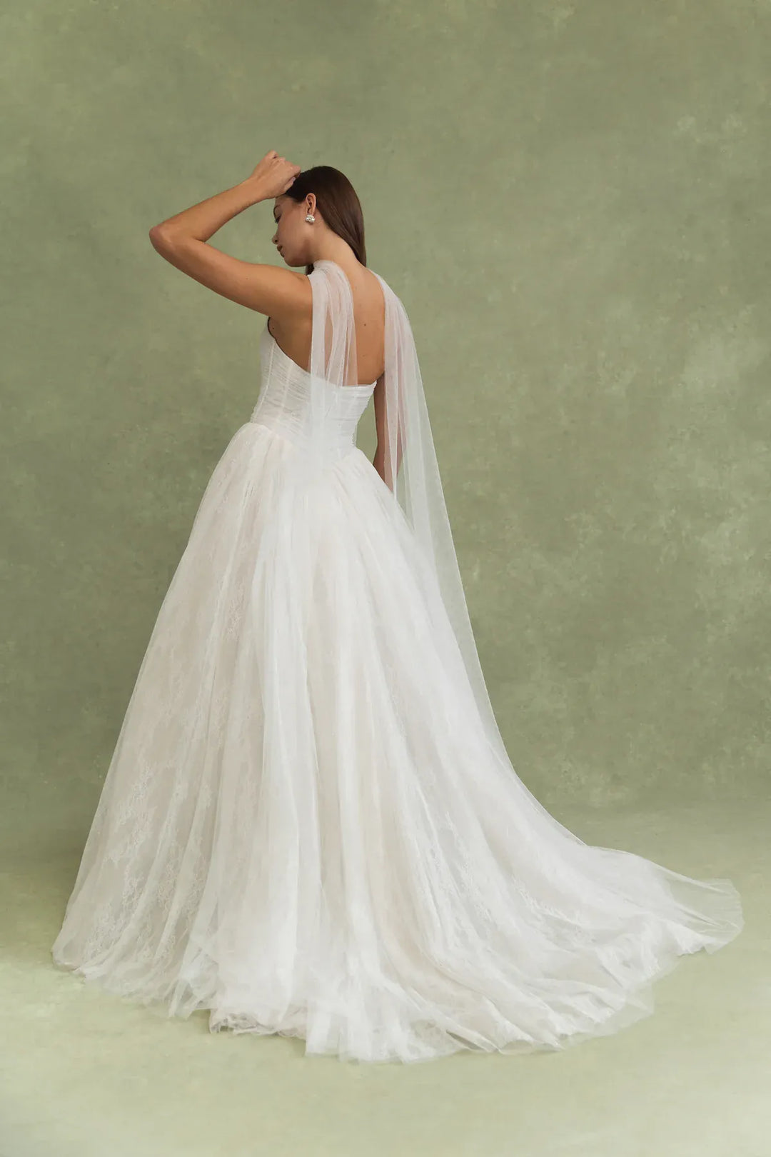 back of jenny yoo miriam ivory tulle and lacce ball gown, showing the full back with the neck scarf and short train