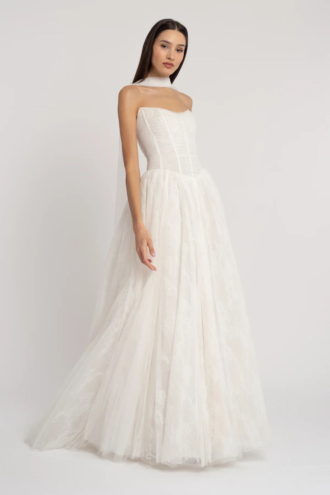 front of jenny yoo miriam ivory tulle and lacce ball gown, showing the full front with the basque waist and flowy skirt