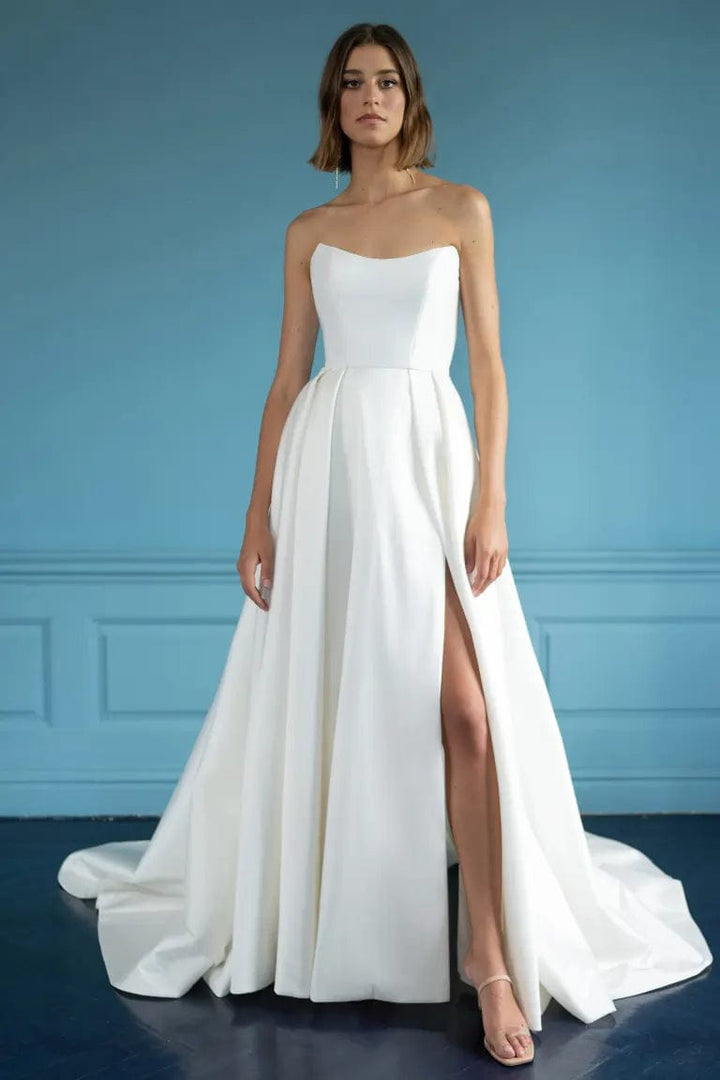 front of jenny yoo mollie ivory taffeta a-line wedding dress with strapless scoop neckline and pleated skirt