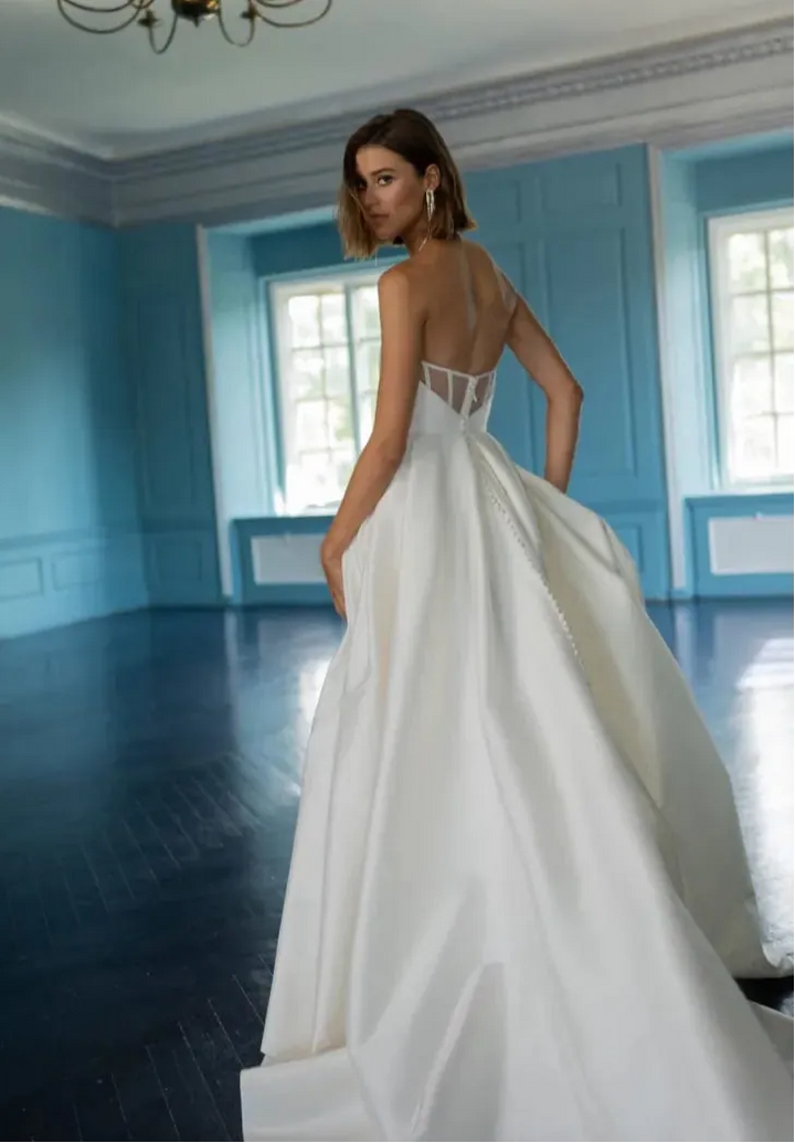 back of jenny yoo mollie ivory taffeta a-line wedding dress with sheer back