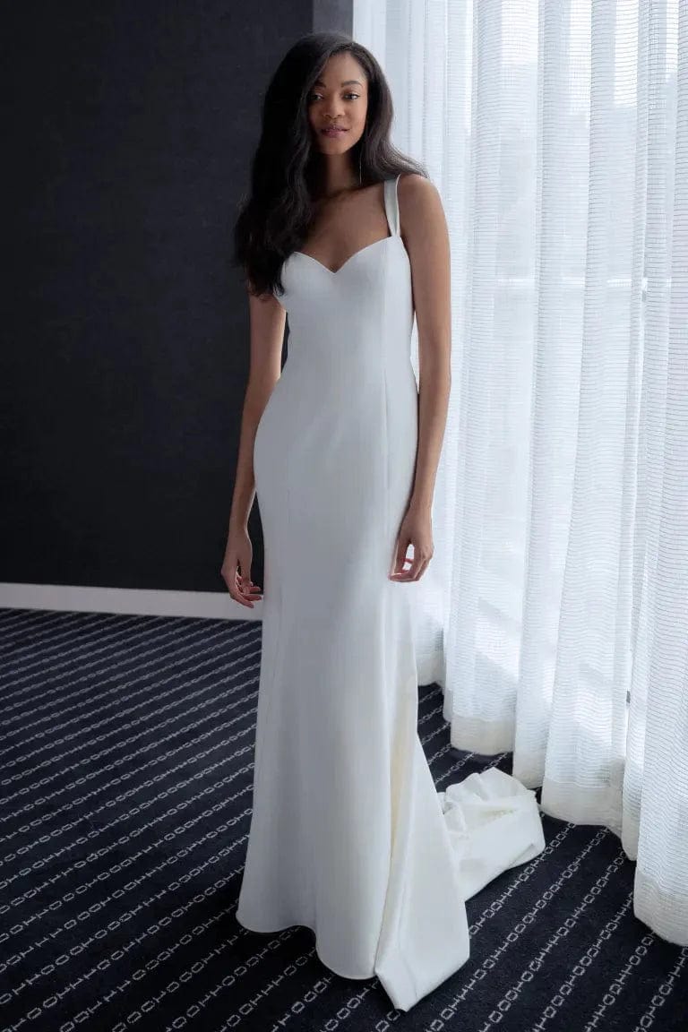 front of jenny yoo samantha ivory crepe fitted wedding dress, showing the sweetheart neckline and floor length skirt