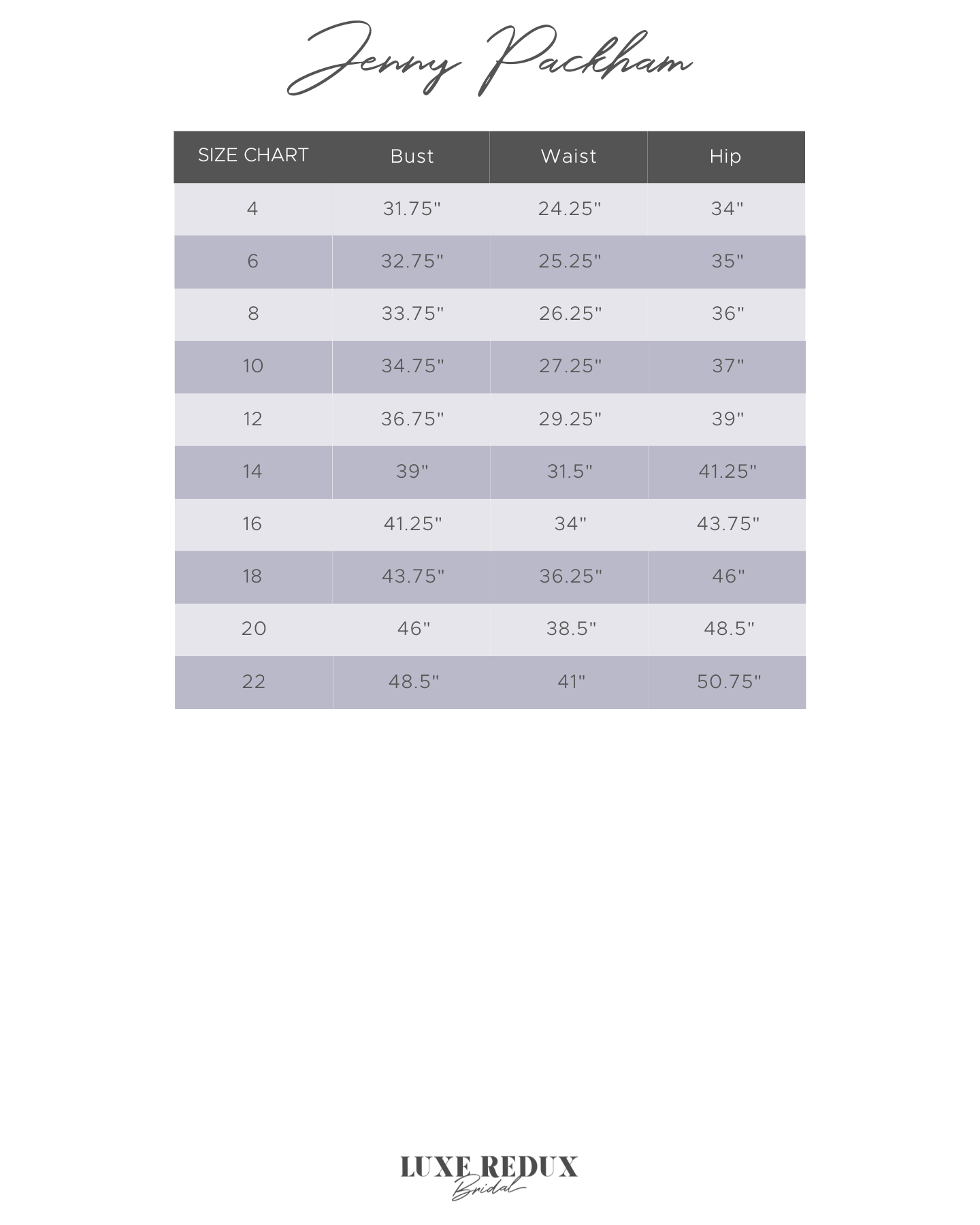 Jenny Packham Carrie - Size 12 Size Chart