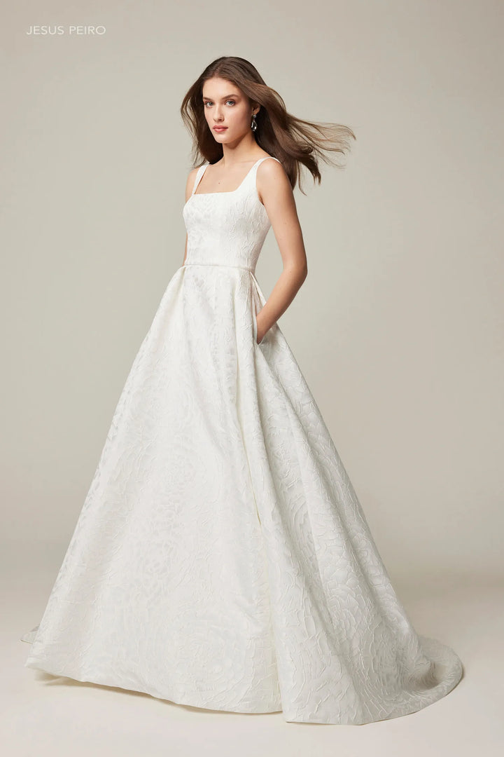 full front of jesus peiro 2509 ivory brocade a-line wedding dress with a square neckline