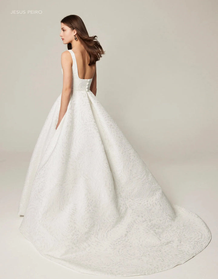 full back of jesus peiro 2509 ivory brocade a-line wedding dress with a square neckline