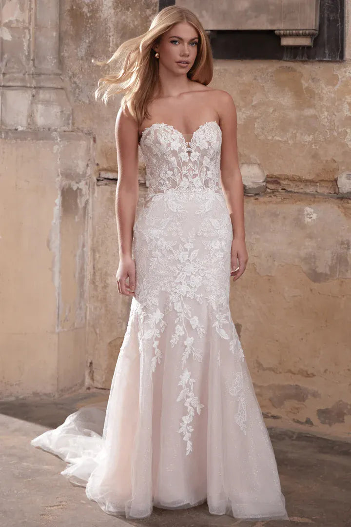 front of justin alexander 11305 champagne tulle fitted wedding dress with cascading floral lace appliques and a strapless sweetheart neckline
