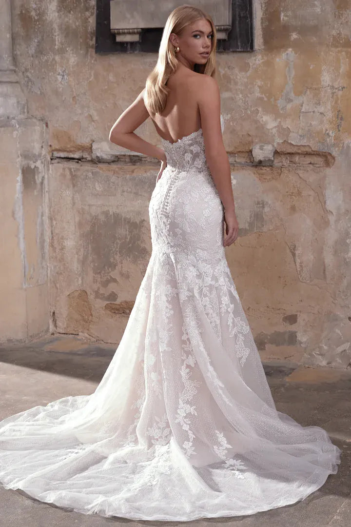 back of justin alexander 11305 champagne tulle fitted wedding dress with cascading floral lace appliques and covered buttons down the back of the bodice