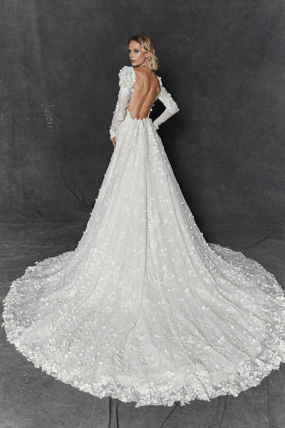 aline wedding dress long sleeve Ivory Lace Sleeves A-line Backless Dresses With Train, MW609 neckline in the front Ivory Lace Long Sleeves A-line