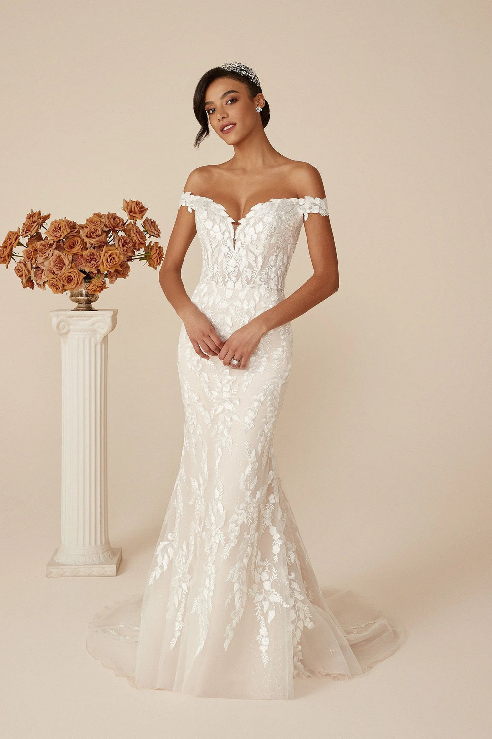 front of justin alexander deidra fitted lace wedding dress with off the shoulder neckline, without the matching overskirt