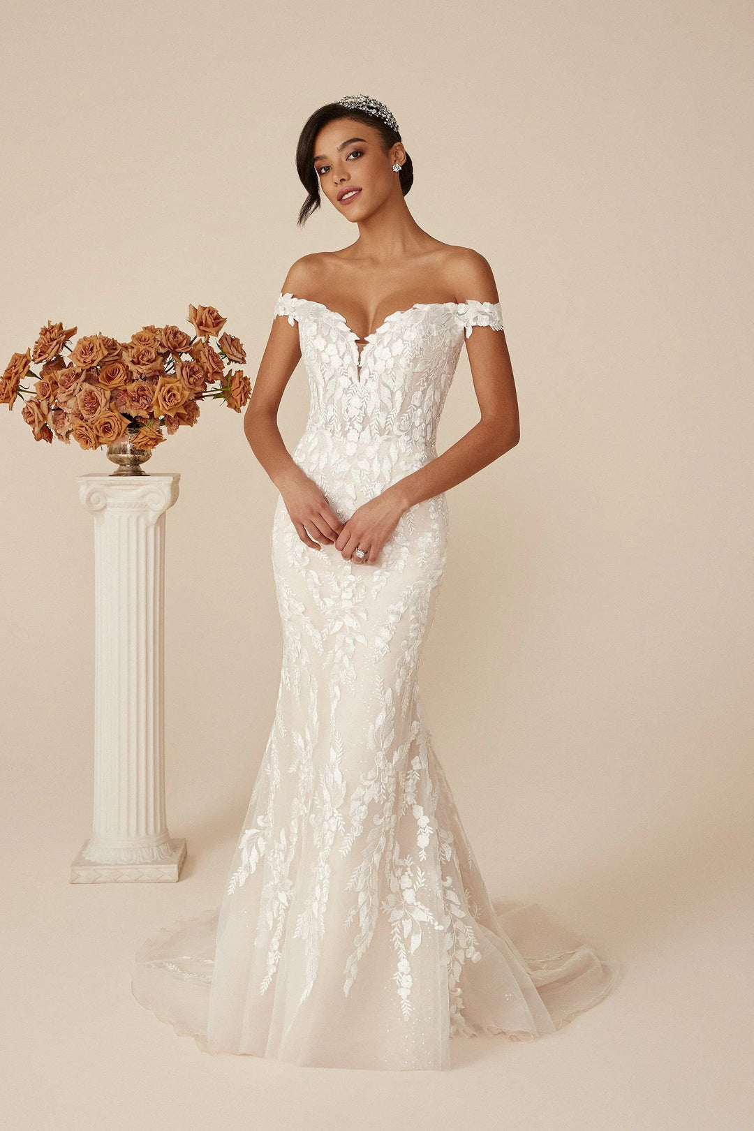 front of justin alexander deidra fitted lace wedding dress with off the shoulder neckline, without the matching overskirt