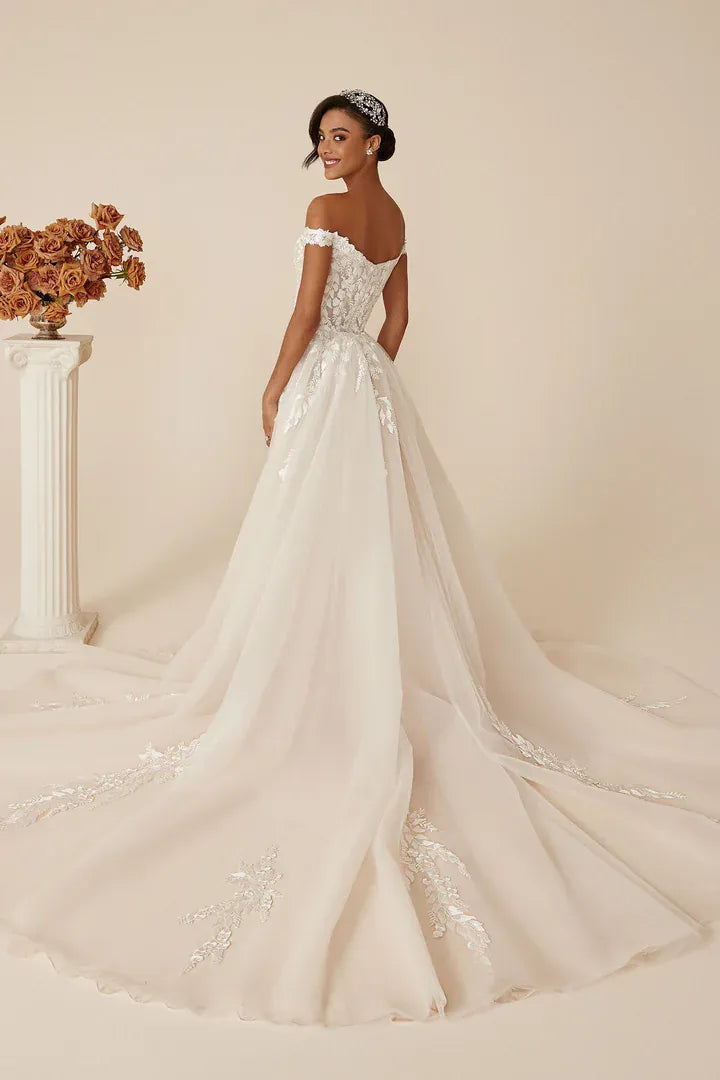 back of justin alexander deidra fitted lace wedding dress with matching overskirt