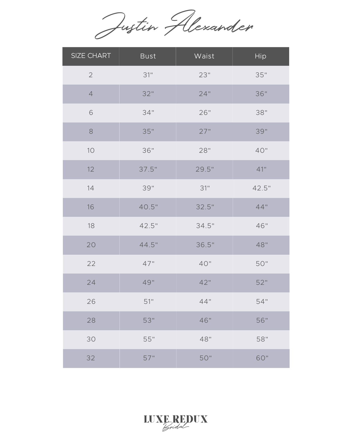 Justin Alexander Elizabeth - Size 16 Size Chart