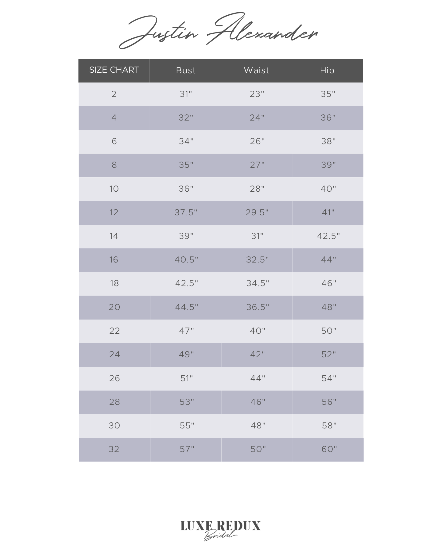 Justin Alexander 88086 - Size 18 Size Chart