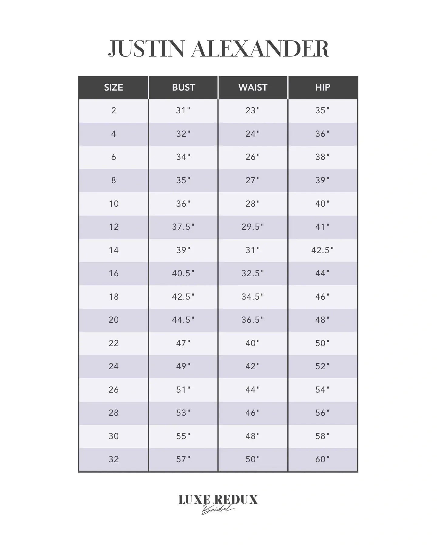 Adore By Justin Alexander Karleen - Size 20 Size Chart