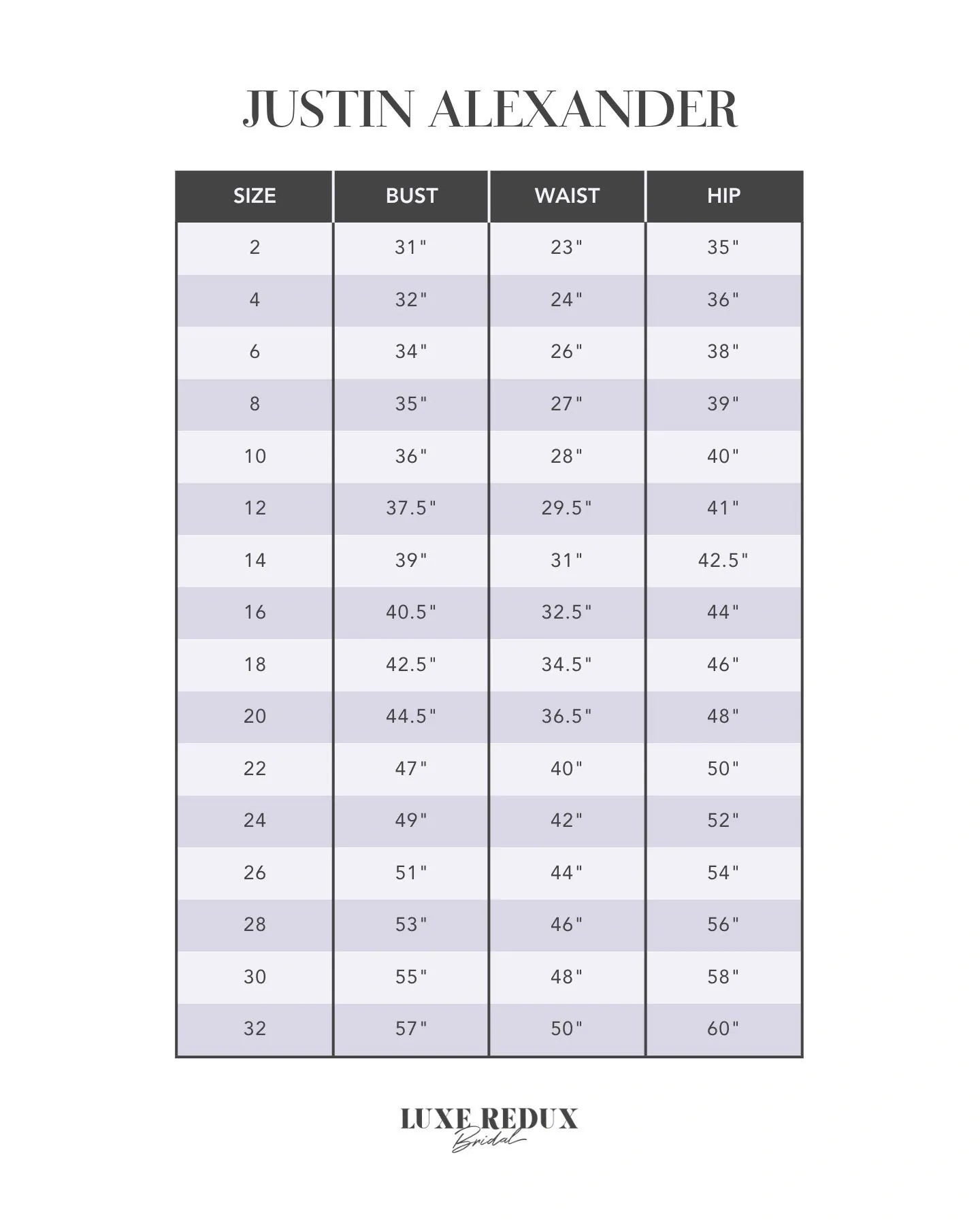 Justin Alexander 88230 - Size 8 Size Chart