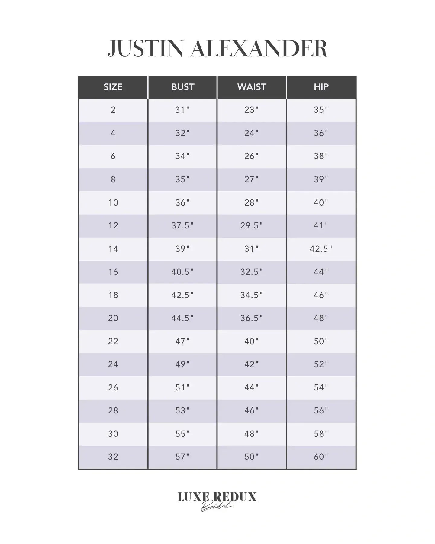 Signature by Justin Alexander 99257 - Size 12 Size Chart