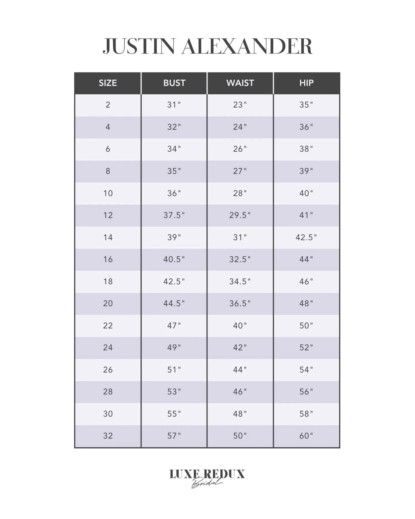 Adore by Justin Alexander 11329 - Size 16 Size Chart