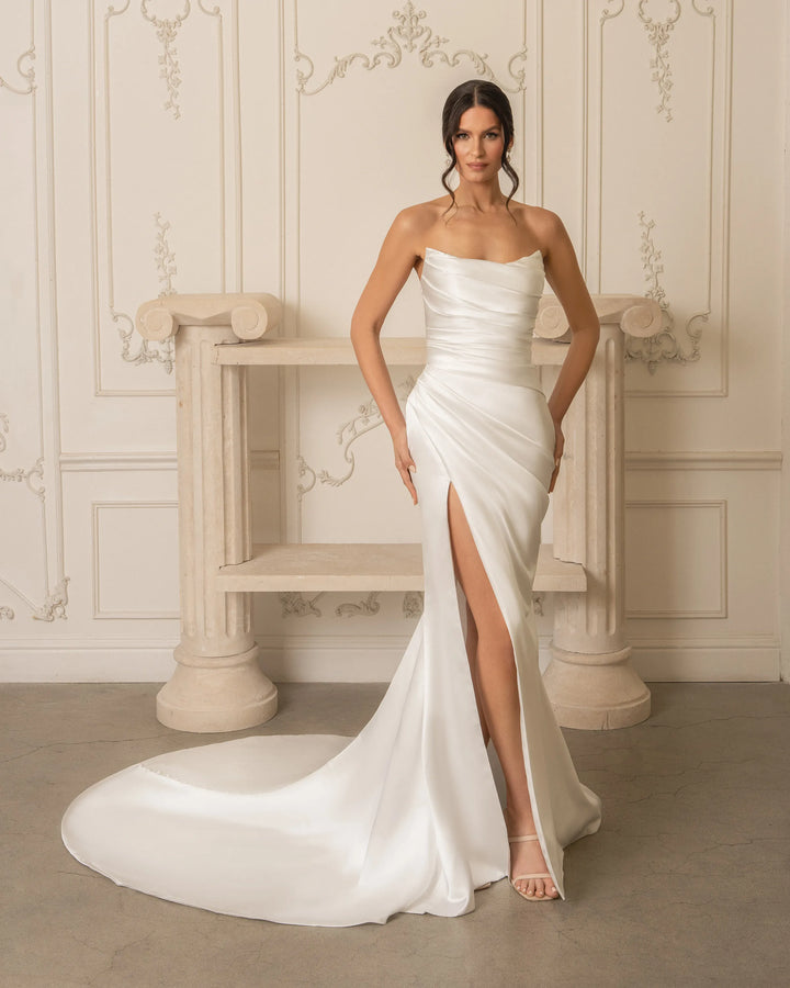 full front of kitty chen maureen ivory satin fit and flare wedding dress, without the matching puff sleeves + train