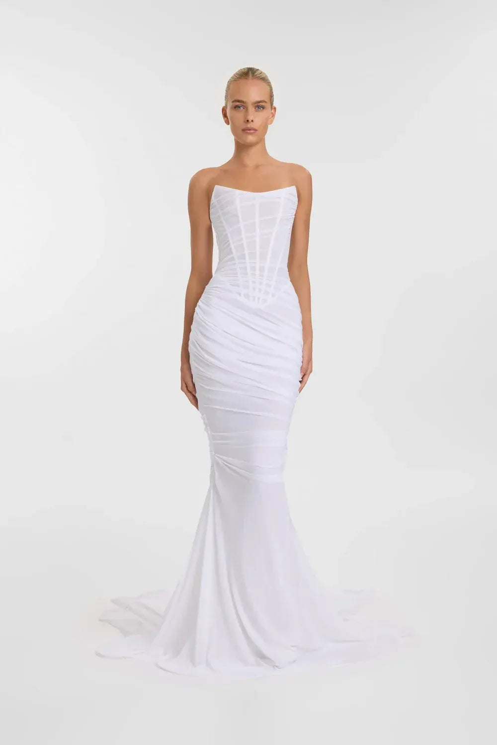 full front of kyha blanc ivory mesh fitted wedding dress with a basque waist and strapless bodice