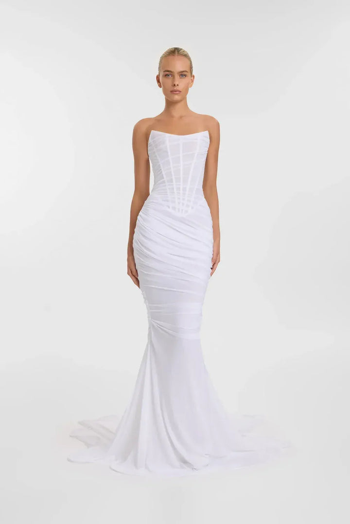 full front of kyha blanc ivory mesh fitted wedding dress with a basque waist and strapless bodice
