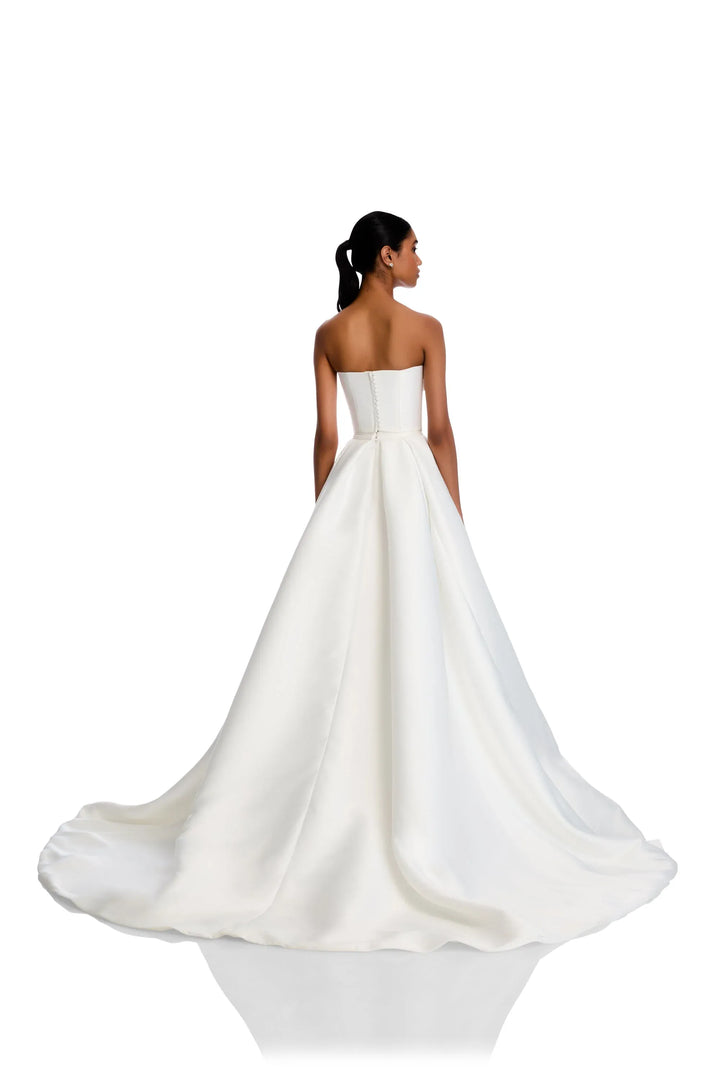 full back of kyha kasia corset and matching milford skirt set. skirt has a chapel length train