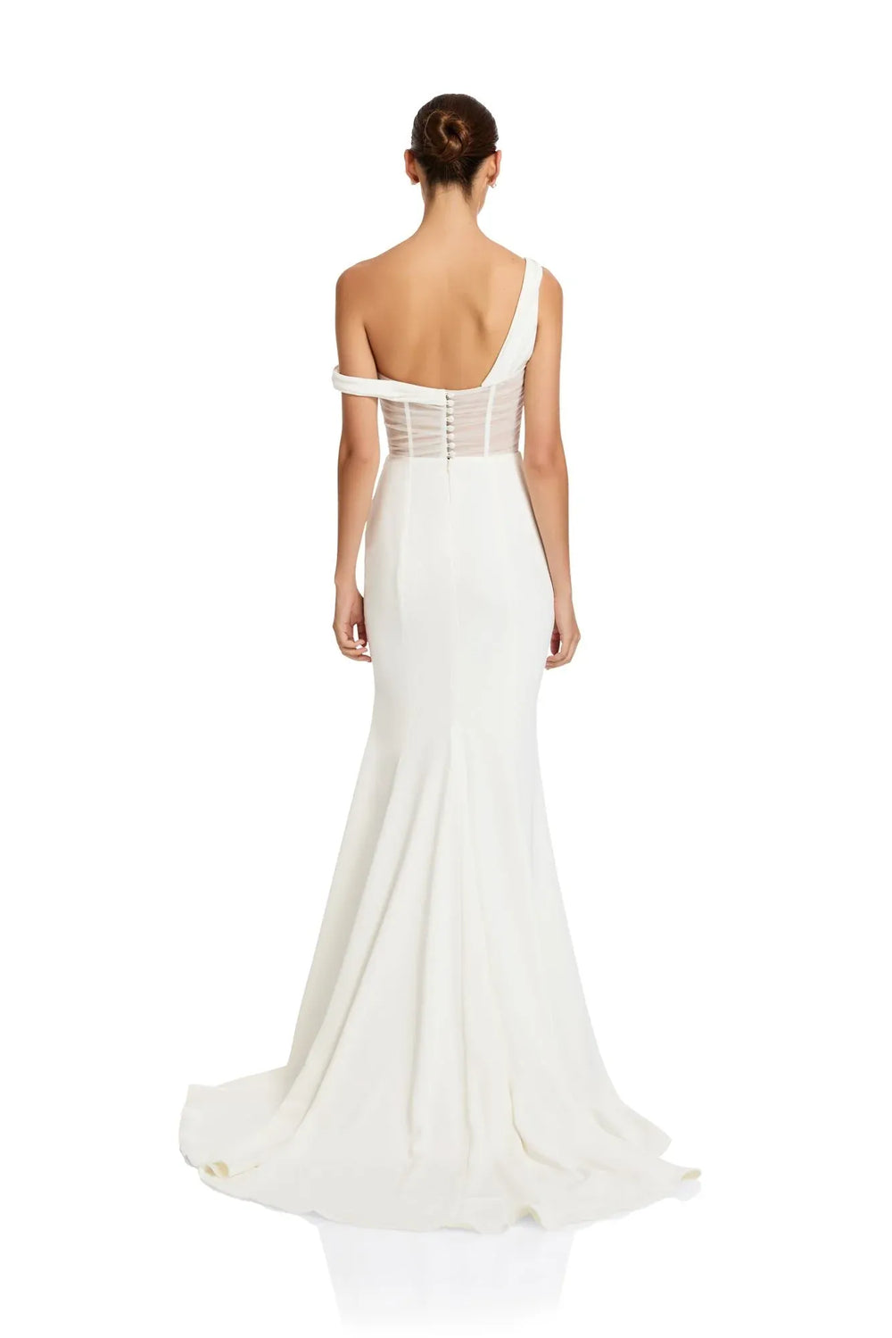White evening gown with open back on a white background
