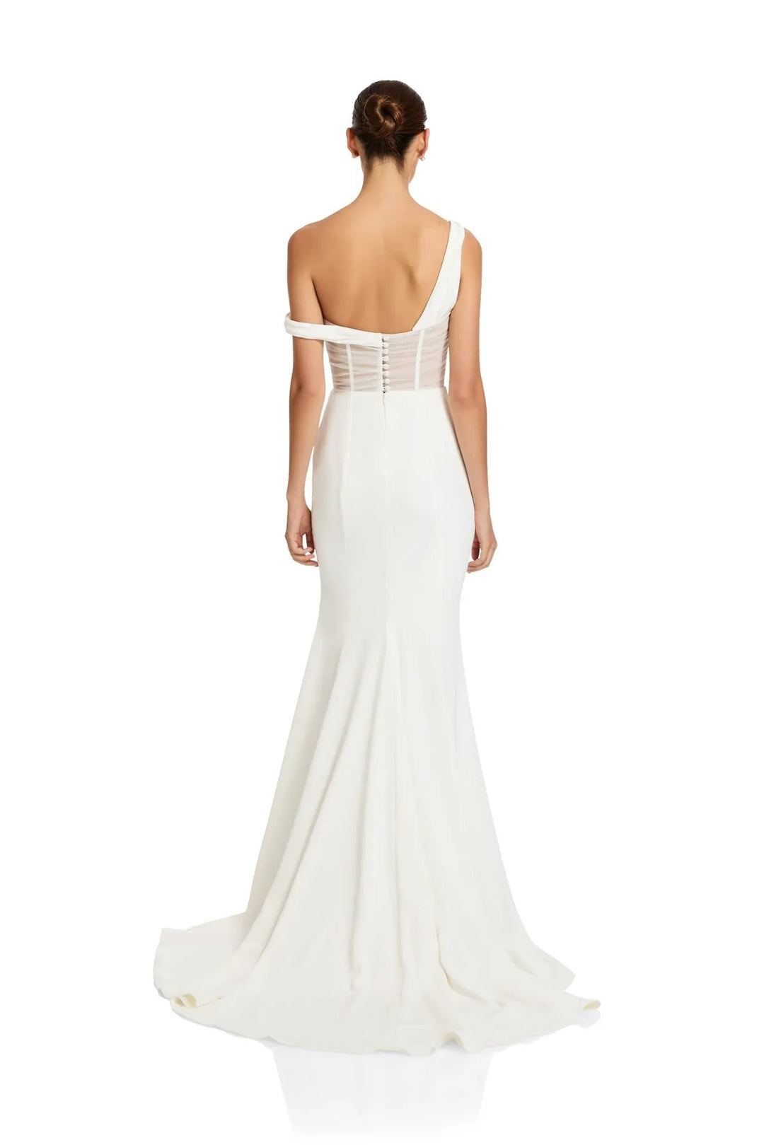 White evening gown with open back on a white background