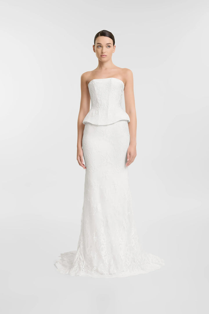 full front of kyha october corset and clover skirt with ivory lace and a strapless top