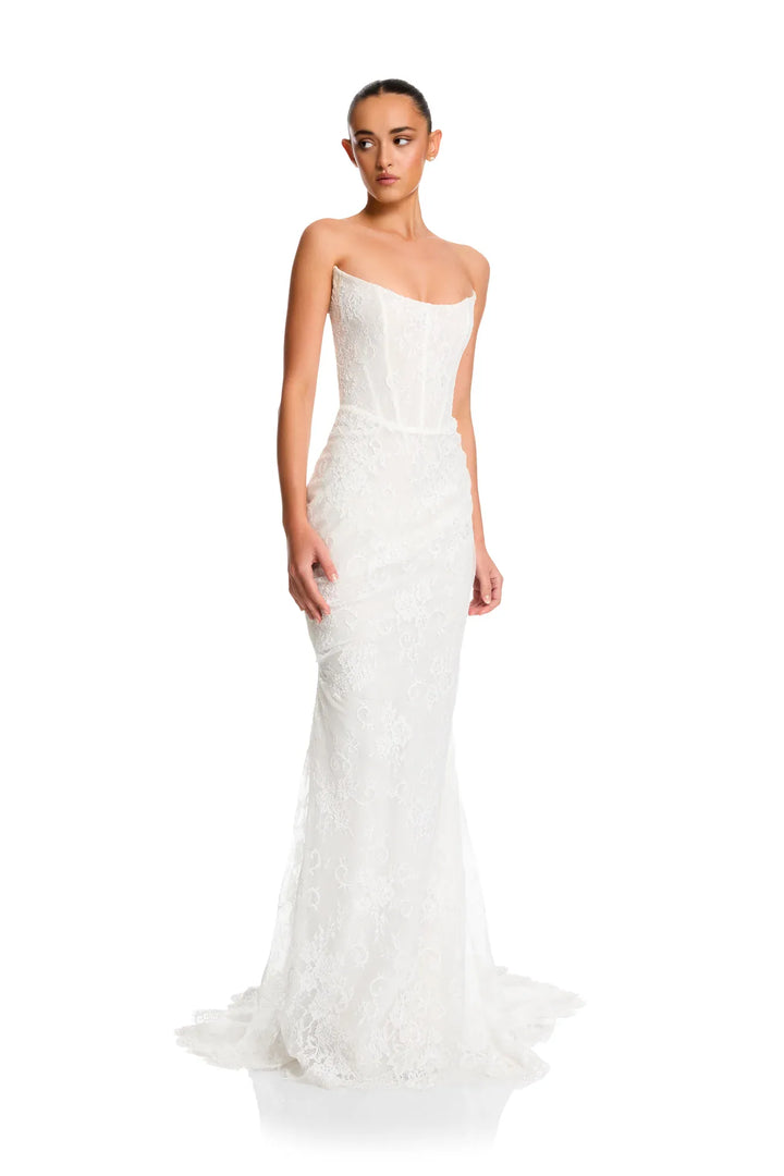 full front of kyha torrens lace fitted ivory wedding dress with a strapless scoop neckline
