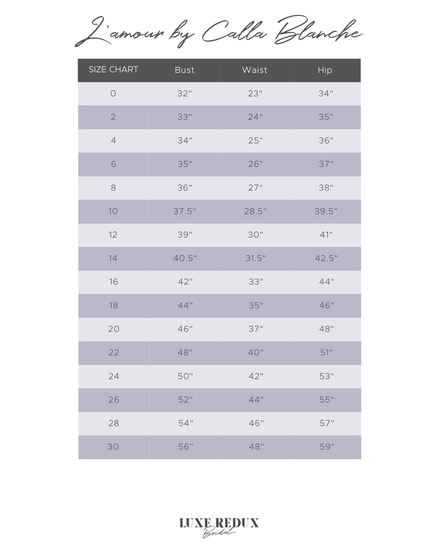 L'amour by Calla Blanche LA23108 - Size 12 Size Chart