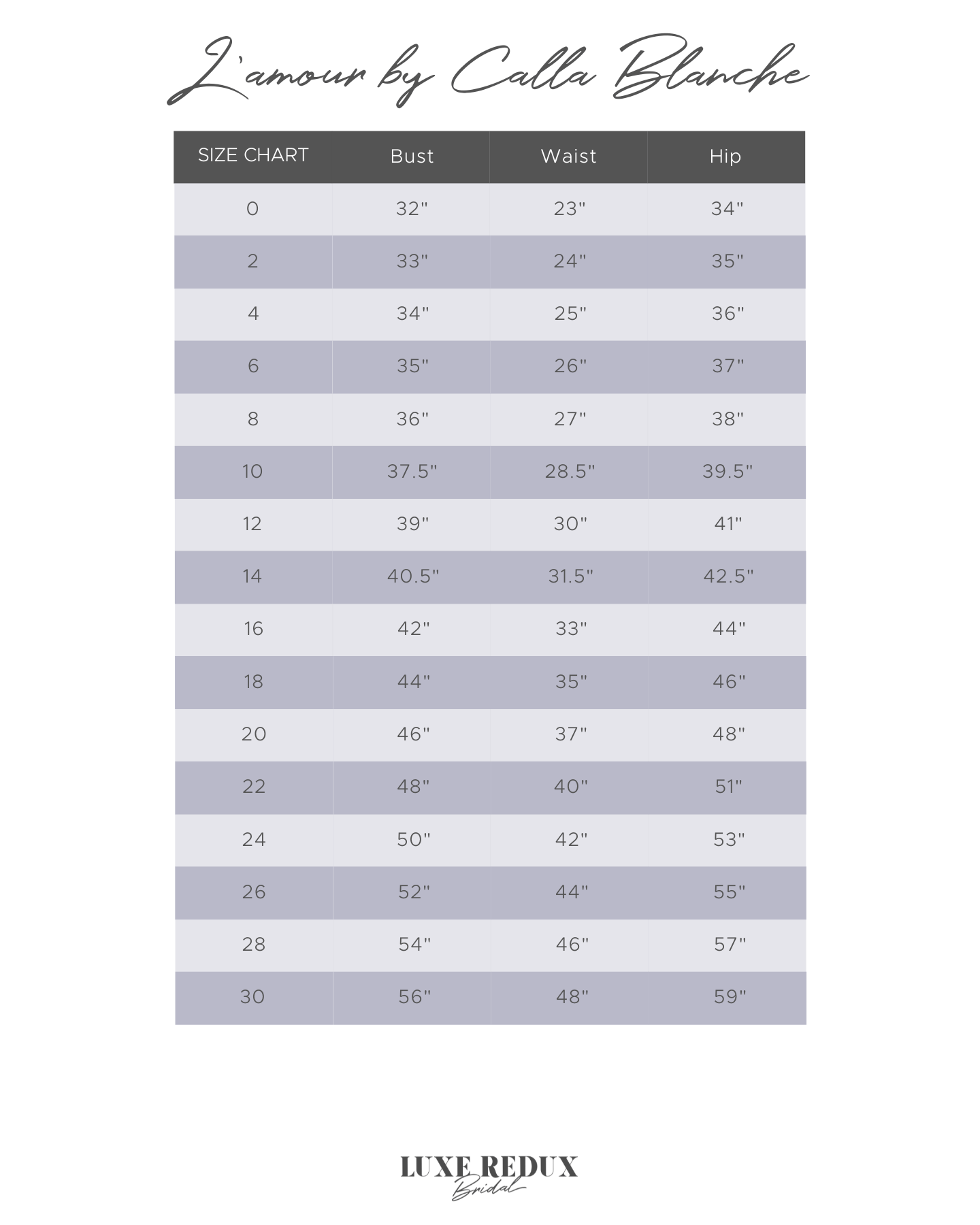 L'amour by Calla Blanche Ebba - Size 12 Size Chart