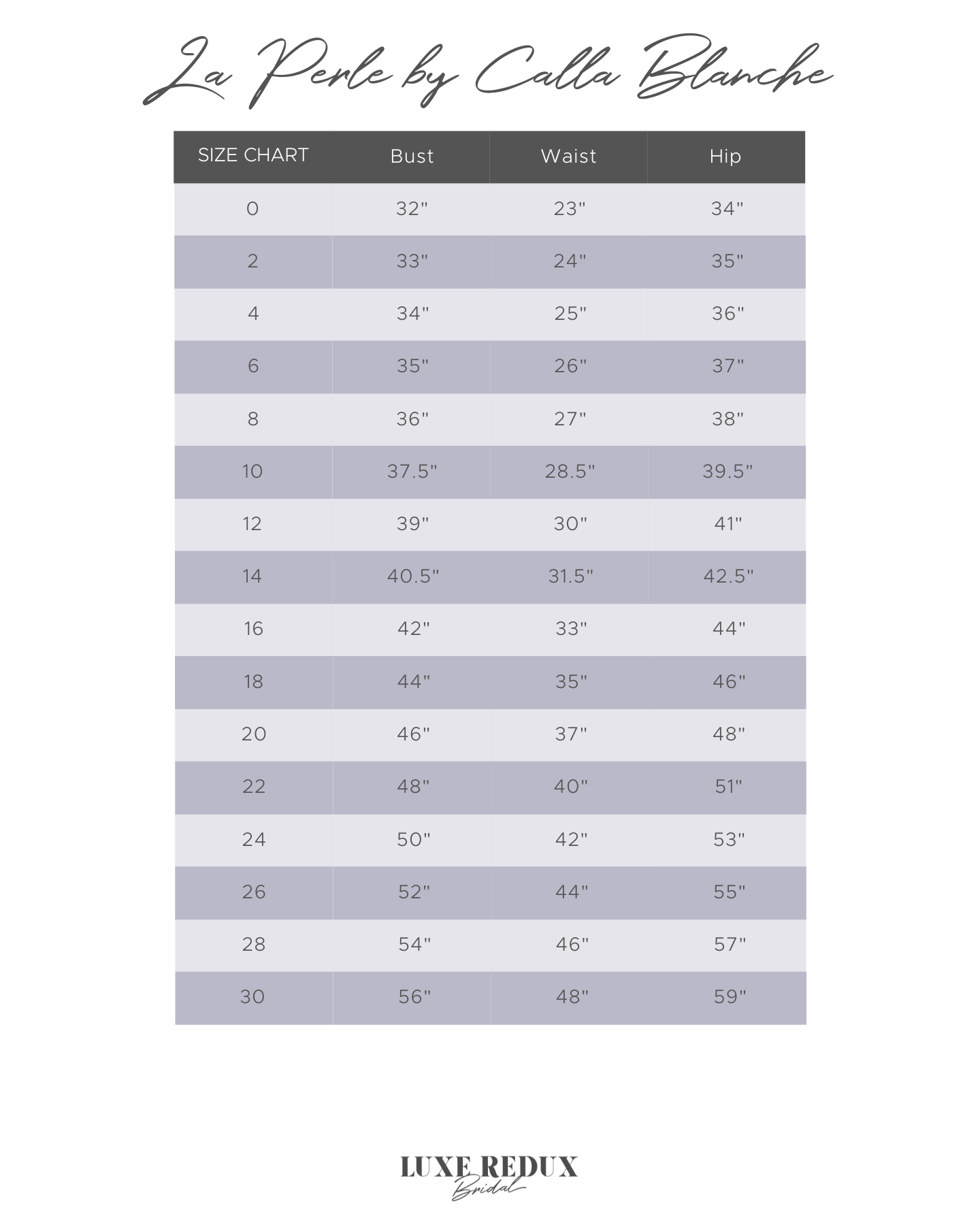 La Perle Martha - Size 14 Size Chart