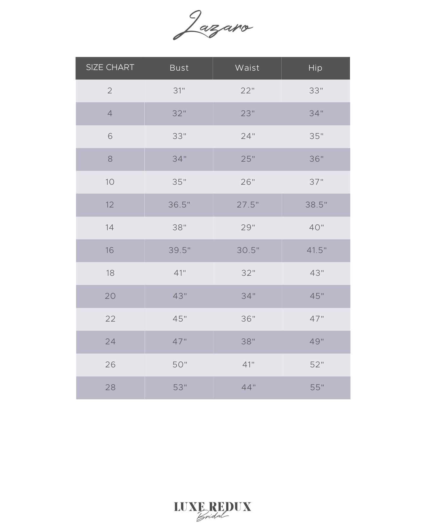 Lazaro Audrey - Size 16 Size Chart