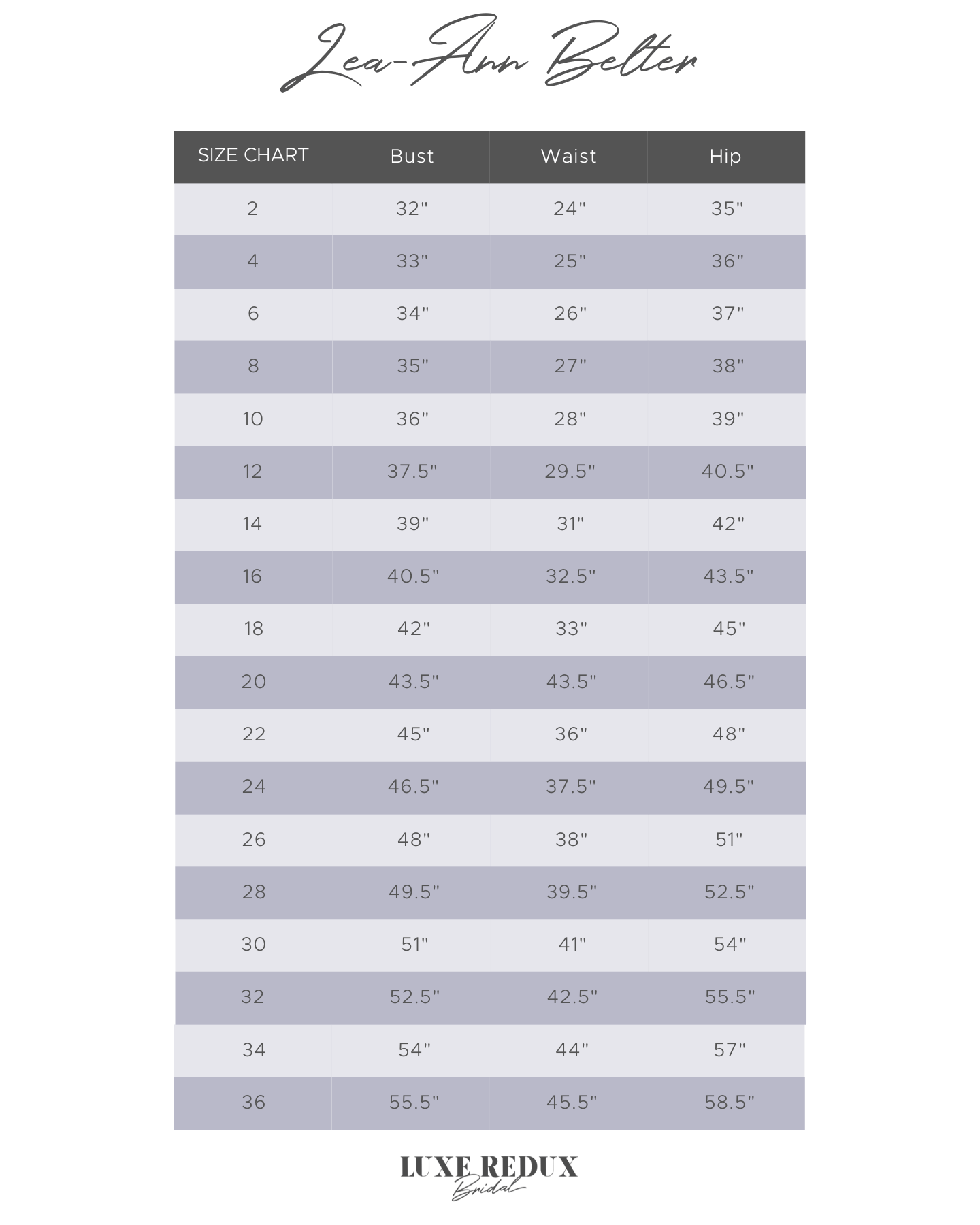 Lea-Ann Belter Estella - Size 10 Size Chart