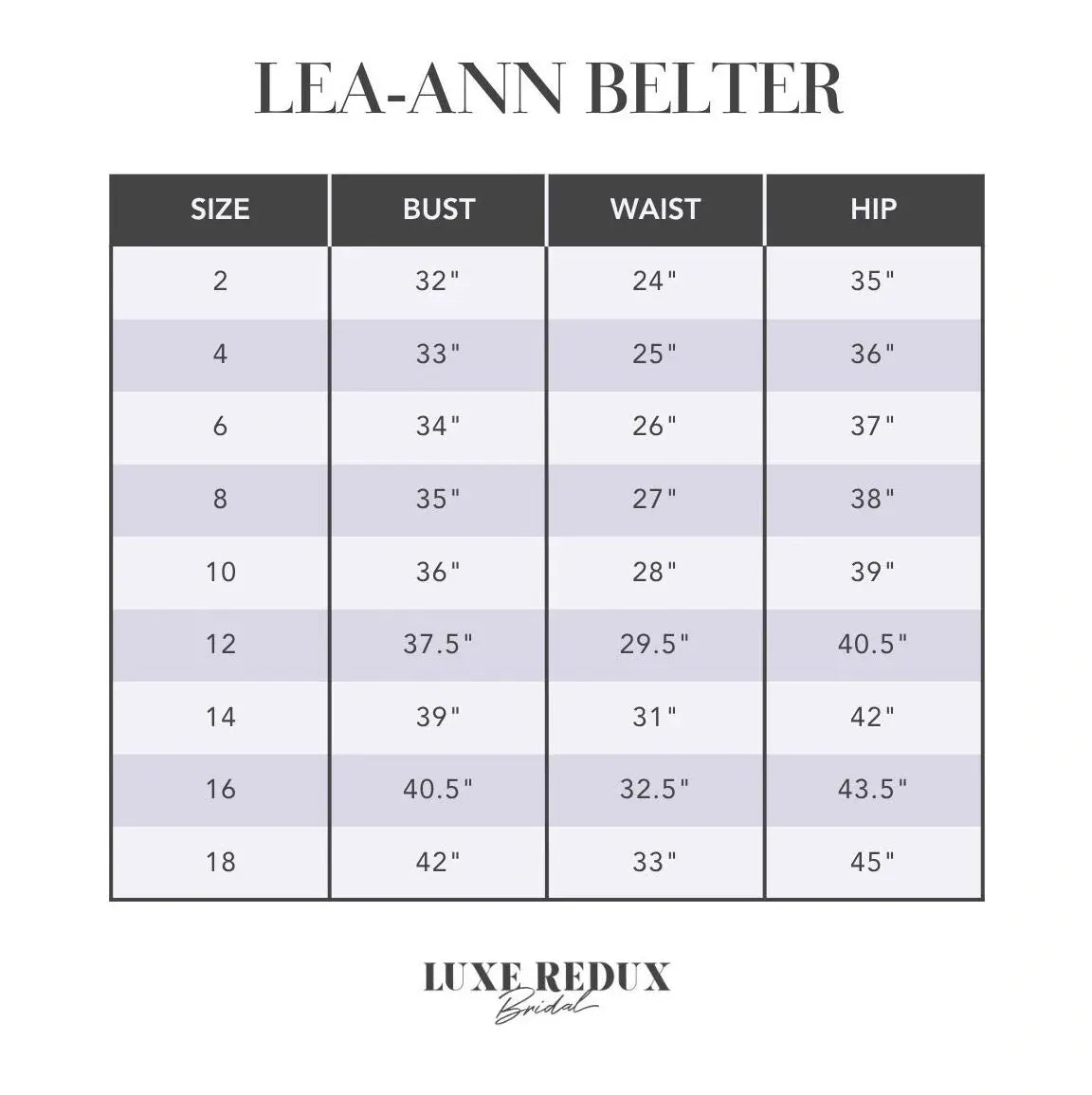 Lea-Ann Belter Solaris - Size 10 Size Chart