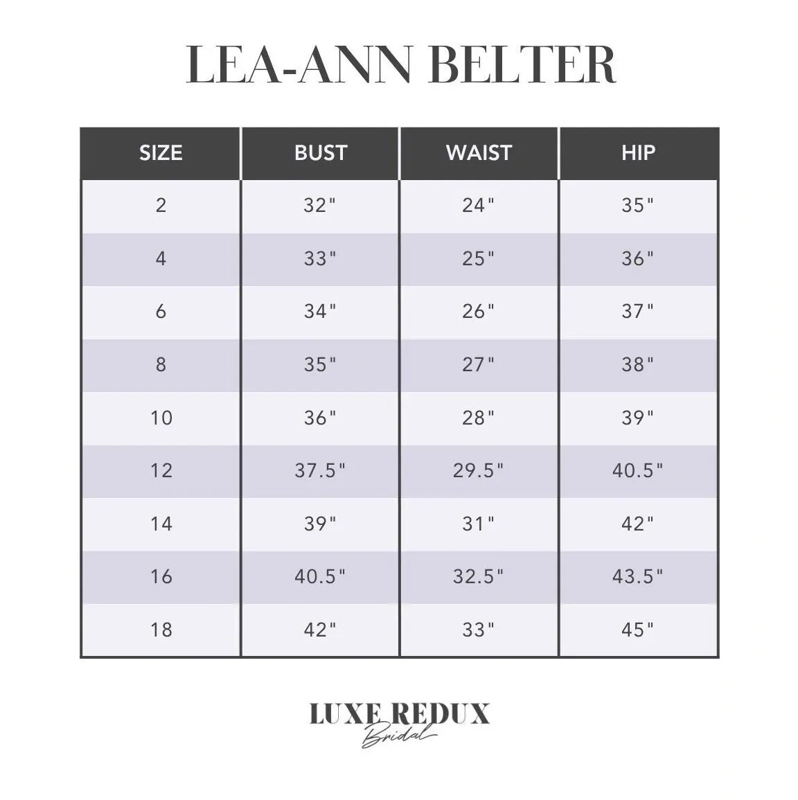 Lea-Ann Belter Charlotte + Wrap - Size 14 Size Chart