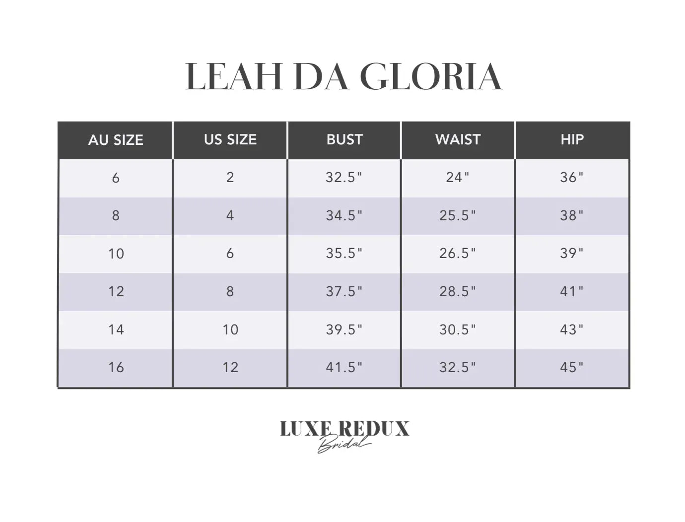 Leah Da Gloria Catalina - Size 10 Size Chart